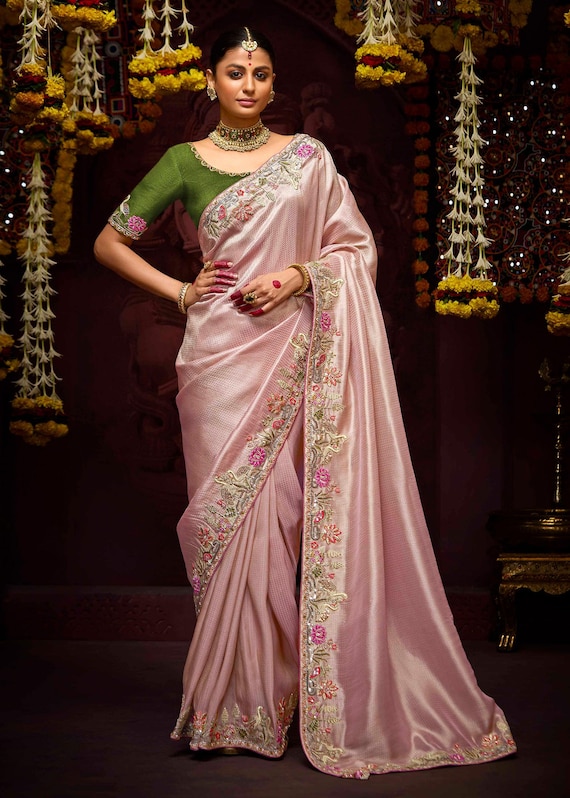 Blush Pink Multi Embroidery Work Zari Weaving Kanjivaram Silk