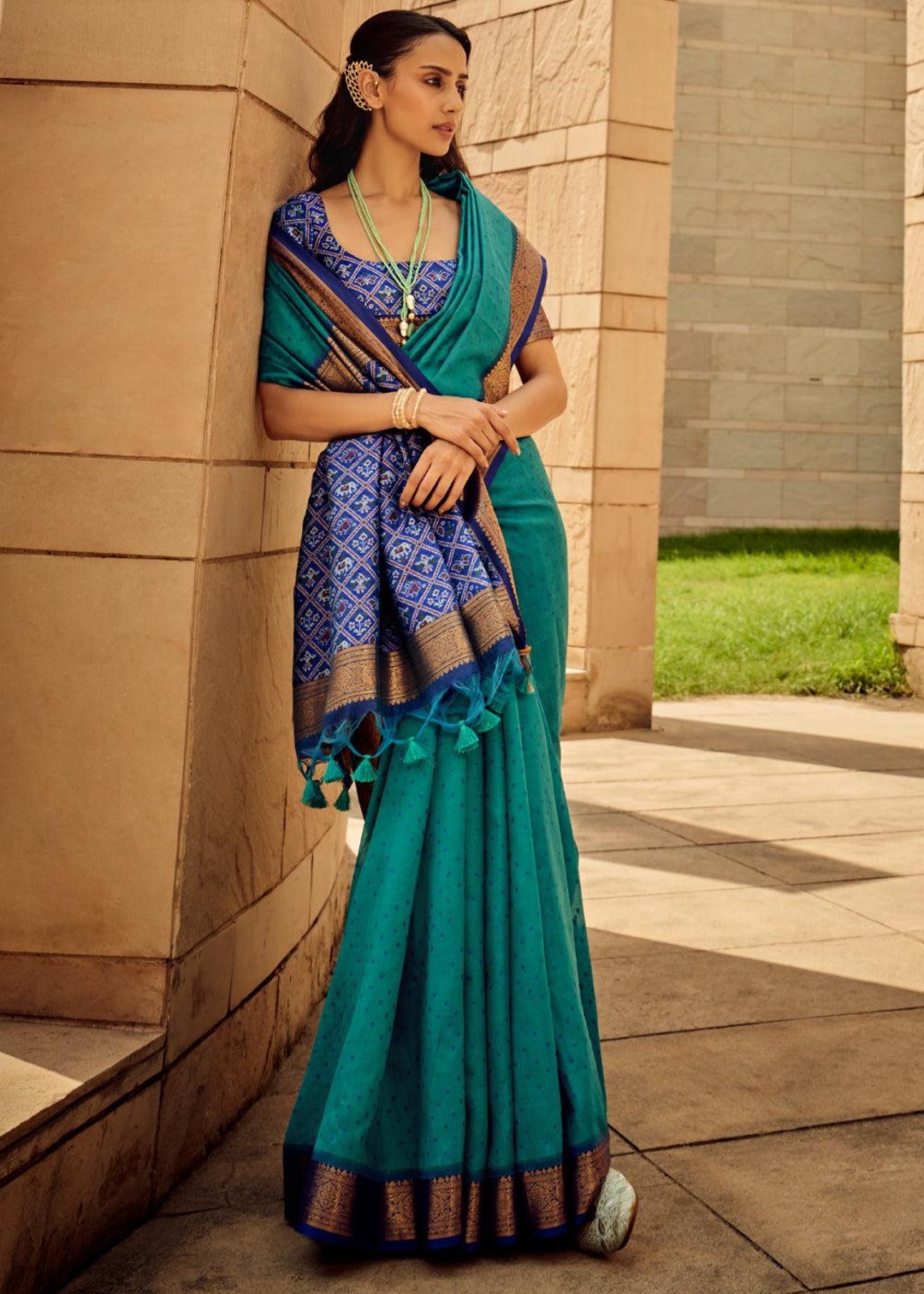 Teal Green Designer Silk Readymade/Easy Saree