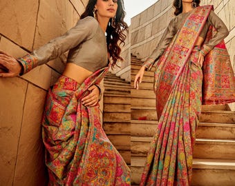 Multicolor Brown Jamewar Kashmiri Weaving Pashmina sari with Beautiful Rich Attractive Pallu & blouse wedding party wear