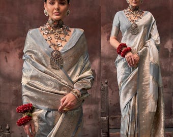 Shaded Gray Handloom banarasi silk Saree With matching blouse, rich pallu & Border. Stylish light Weight, casual, festive,party sare