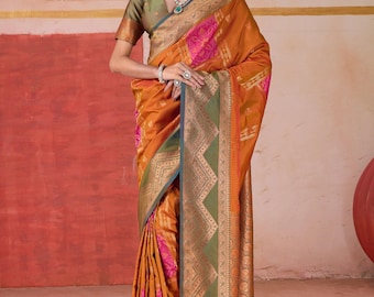 Orange Green Dual Tone Handloom Weaving Silk Saree With contrast colour blouse & pallu, gold zari woven attractive border