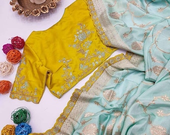 Cloud Blue/Yellow Pure Dola Silk Stunning Saree & Yellow Designer Embroidery blouse and Border for women festive perfact stylish good  Saree