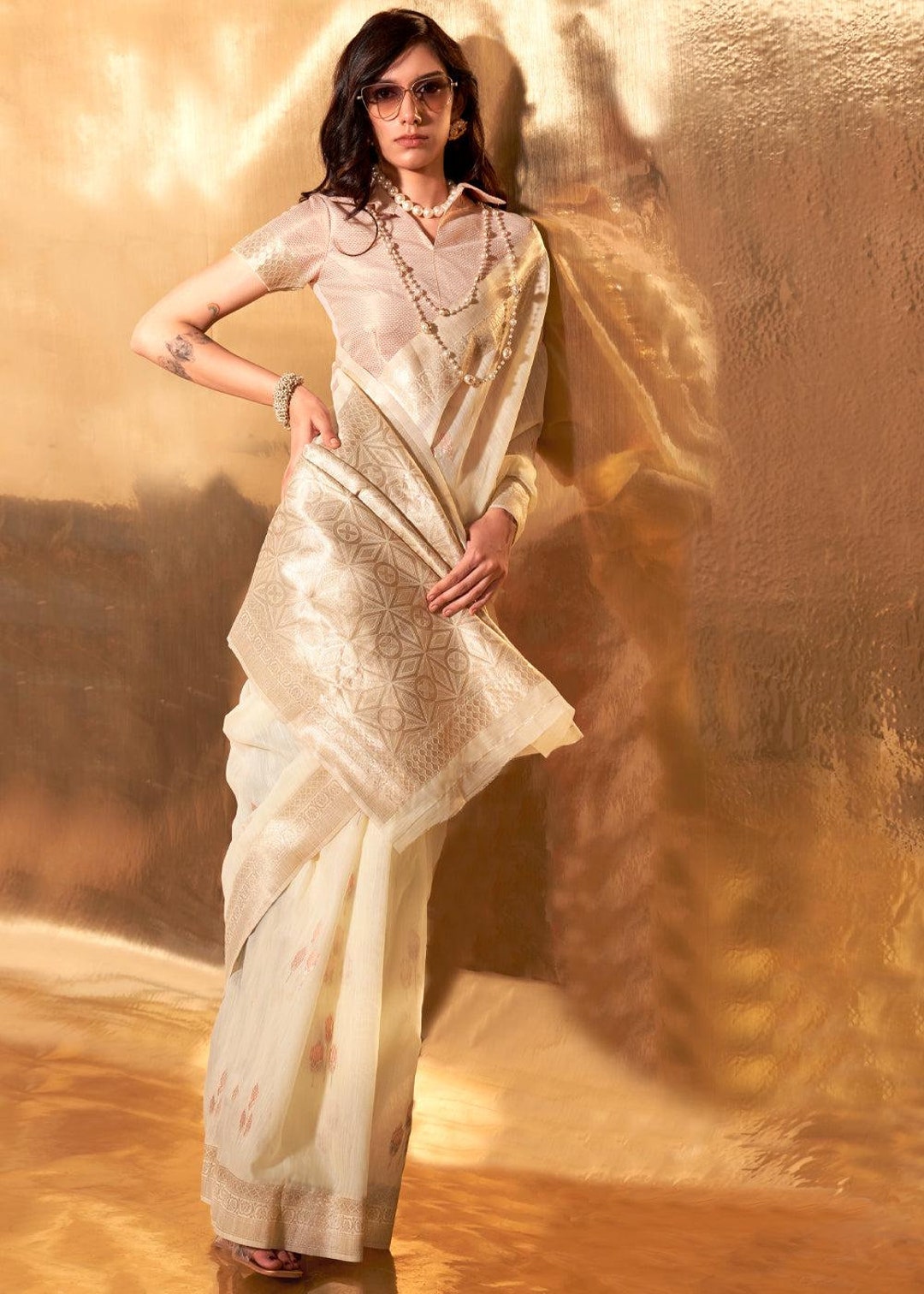 cotton linen silk saree with zigzag design and blouse – festive wear for women