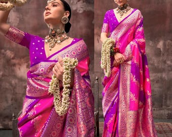 Shaded Pink/Purple Handloom banarasi silk Saree With matching blouse, rich pallu & Border. Stylish light Weight, casual, festive,party sare