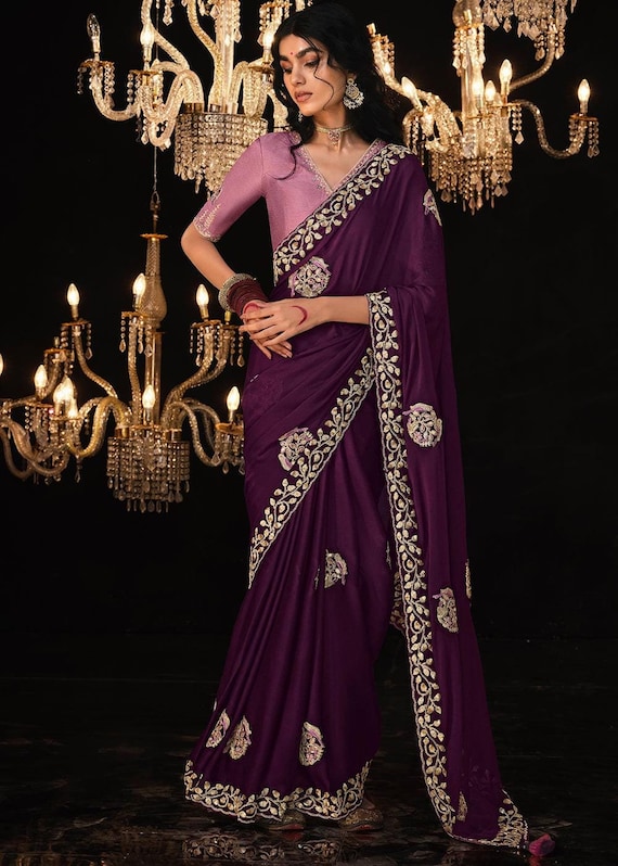 Purple Wine Jimmy Cho Tissue Silk Saree Beautiful Embroidery Border \u0026  Designer Contrast Blouse for Women Wedding,festive,party Wear - Etsy Canada
