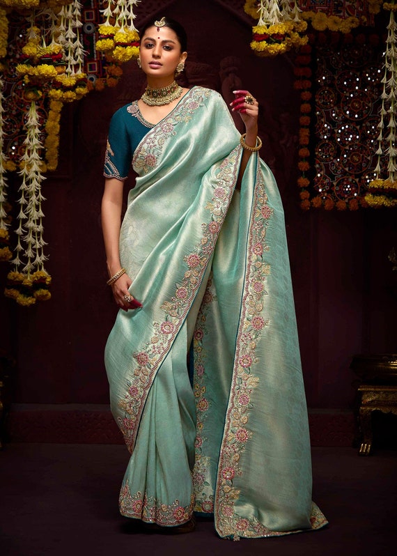 Teal Blue Multi Embroidery Work & Zari Weaving Kanjivaram Silk Saree for women wedding, anniversary, party wear perfect
