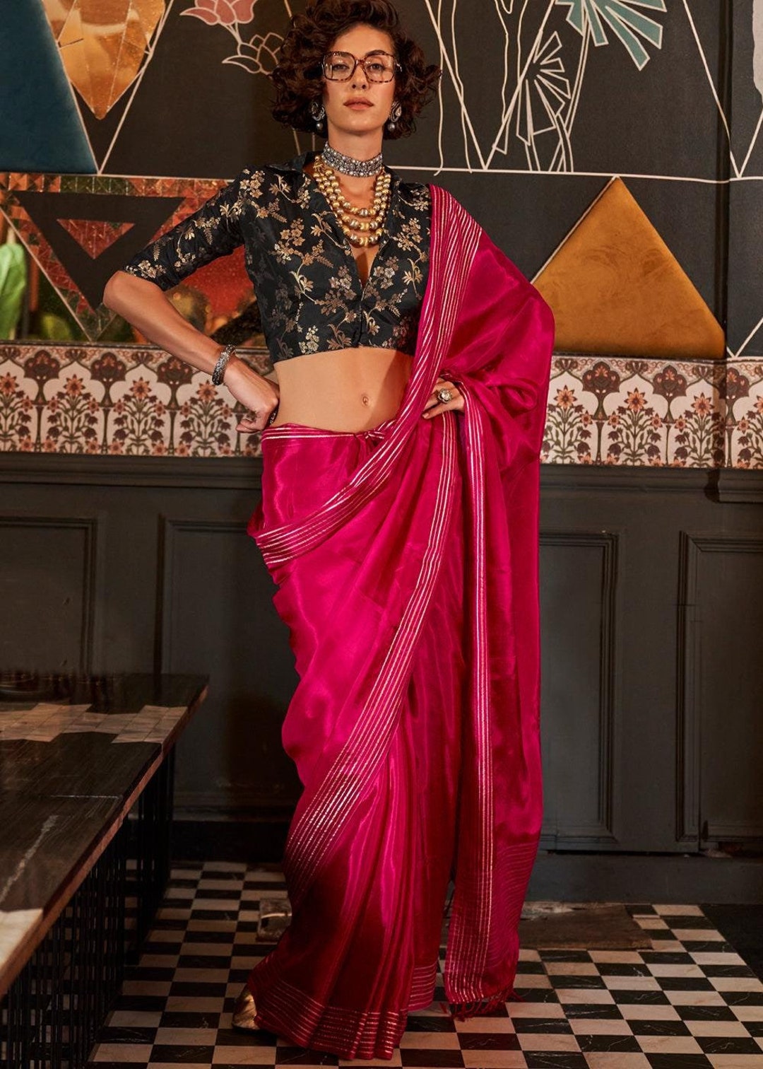 Red with Black Anchal Pure Kora Silk Saree With Blouse Piece