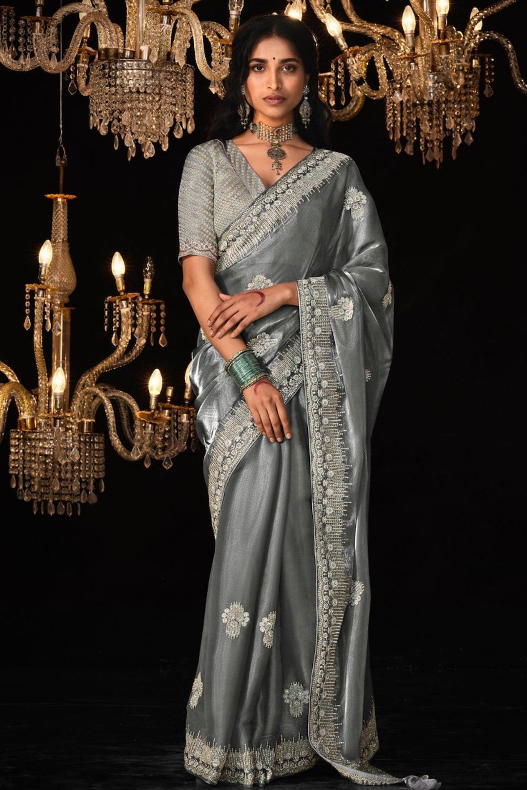 Silver Gray Soft Tissue Silk Saree Beautiful Embroidery Border