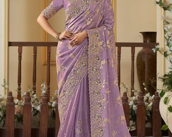 Lavender Purple Pure Dola Silk Saree with Embroiderey border & designer Brocade Blouse for women wedding,party,festive,engagement wear