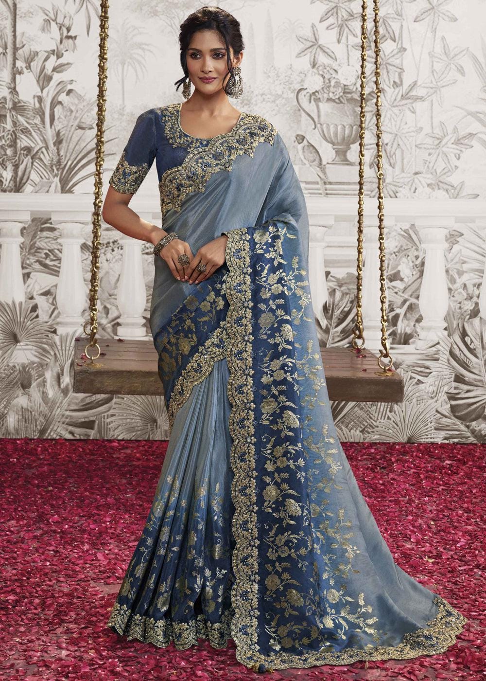 Classy Blue Pure Dola Silk Saree with Embroiderey border and. designer Brocade Blouse for women wedding, party, festive, engagement saree