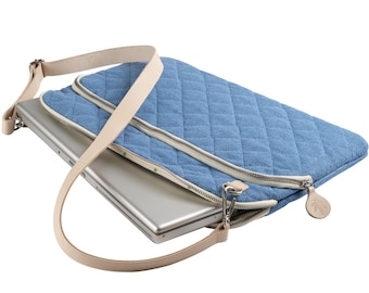 Hemp Laptop Sleeve Bag with Leather Strap, Unique Design