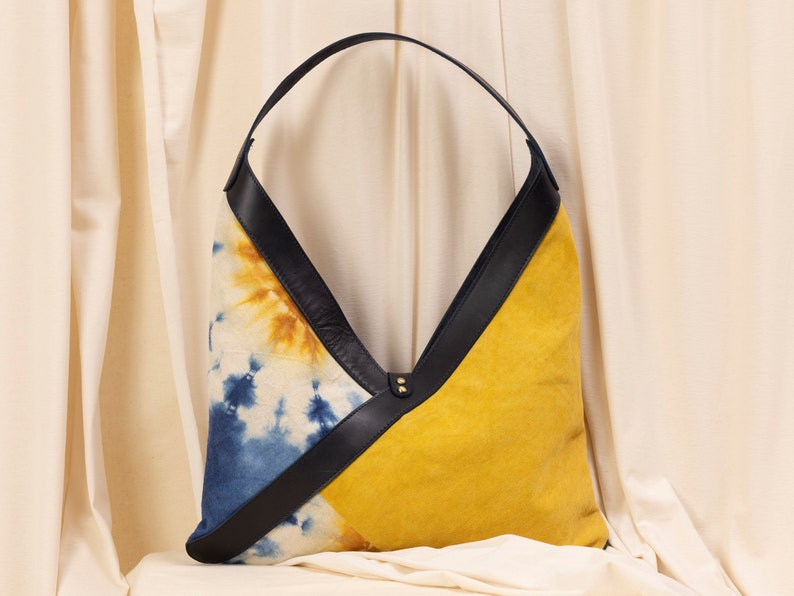 Handmade Curcumin Hemp Bag, Unique Designer Bag with Turmeric and Indigo Natural Dye, Handmade Stylish Hemp Bag image 6