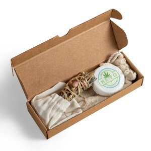 Set de baño con paquete de incienso Jabón de cáñamo orgánico hecho a mano y guante de baño Set de regalo de 3, Home Spa Handmade Gift Set Caja de regalo natural de cero residuos