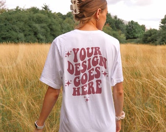 Witte Bella Canvas 3001 Mockup, Achterkant van Tshirt Mockup, Wit Oversized T-shirt Back Mockup, Trendy Mockup, Outdoors Model Mockup, Wit 3001