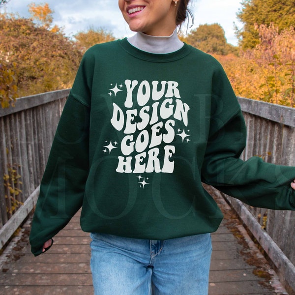 Forest Gildan 18000 Mockup, Fall Autumn Sweatshirt Mockup, Forest Green Sweatshirt Mockup, Jumper Mockup, Outdoor Model Mockup, Gildan Mock