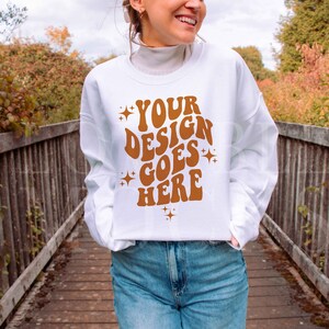 White Gildan 18000 Mockup, Fall Autumn Sweatshirt Mockup, White Sweatshirt Mockup, Oversized Mockup, Outdoor Model Mockup, Gildan Mock up image 1