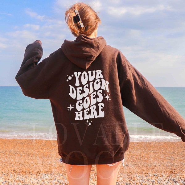 Gildan 18500 Dark Chocolate Mockup, Back of Hoodie Mockup, Oversized Brown Hoodie Mockup, G185 Dark Chocolate Hoodie, Trendy Model Mockup