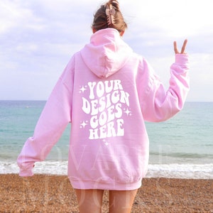 Light Pink Gildan 18500 Hoodie Mockup, Back of Hoodie Mockup, Beach Mockup, Trendy Model Mockup, Summer Mockup, Oversized Hoodie Mockup