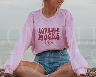 Pink Gildan 18000 Mockup, Pink Crewneck Model Mockup, Outdoors Gildan 18000 Mockup, Pink Sweatshirt Mock, beach mock