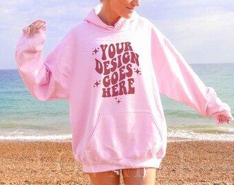 Light Pink Gildan 18500 Hoodie Beach Mockup (Digital Download)
