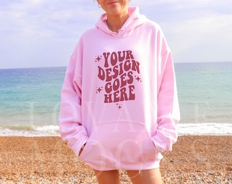 Light Pink Gildan 18500 Hoodie Mockup: Beach Model (JPEG Digital Download)