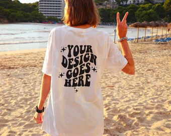 Bella Canvas 3001 Back Mockup, White Oversized Shirt, Beach Mockup (Digital Download)