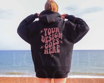 Gildan 18500 Black Hoodie Back Mockup: Beach Oversized Model (Digital Download)