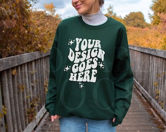 Forest Gildan 18000 Mockup, Fall Autumn Sweatshirt Mockup, Forest Green Sweatshirt Mockup, Jumper Mockup, Outdoor Model Mockup, Gildan Mock