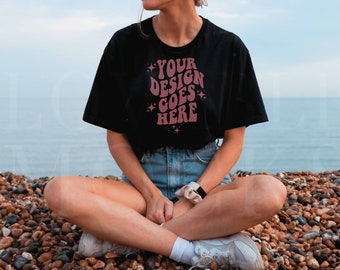 Gildan 64000 Mockup, Black Gildan 64000 Mockup, Gildan 64000 Mockup Model,  Black Tshirt Mockup, Outdoors Model Mockup, Beach Mockup