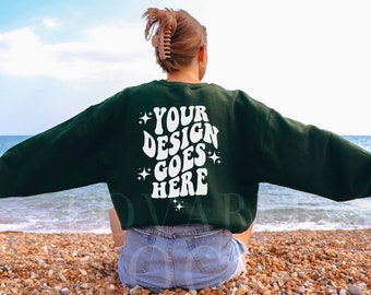 Forest Gildan 18000 Mockup, Beach Mockup, Back of Forest Sweatshirt Mockup, Forest Green 18000 Mockup, Outdoor Model Mockup, Summer Mockup