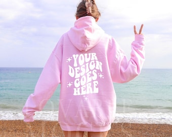 Light Pink Gildan 18500 Hoodie Mockup, Back of Hoodie Mockup, Beach Mockup, Trendy Model Mockup, Summer Mockup, Oversized Hoodie Mockup