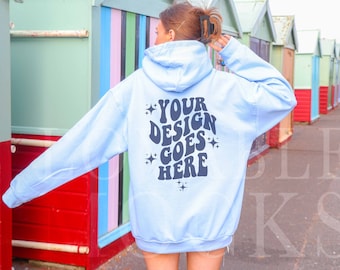 Gildan 18500 Light Blue Hoodie Mockup, Back of Hoodie Mockup, Oversized Hoodie Mockup, Beach Mockup, Light Blue 18500 Mockup, Trendy Mockup