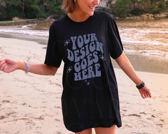 Black Bella Canvas 3001 Mockup, Oversized T-Shirt, Beach Model (Digital Download)