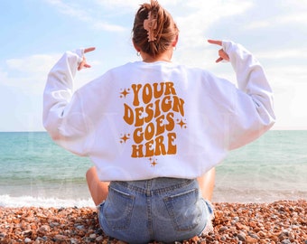 Gildan 18000 White Crewneck Back Mockup: Beach Model (JPEG Digital Download)