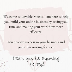 以下が含まれることがあります： ピンクと白のテクスチャの背景に、「Lovable Mocksへようこそ。オンラインビジネスを構築し、時間を節約し、ワークフローをより効率的にするために、お手伝いさせていただきます。ビジネスと目標において成功する価値があります。応援しています！ショップをサポートしていただきありがとうございます！」というテキストが書かれています。