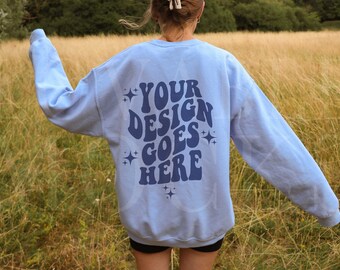 Light Blue Gildan 18000 Mockup, Back Of Sweatshirt Mockup, Oversized Gildan 18000 Model Mockup, Outdoors Gildan 18000 Mockup, Lifestyle Mock