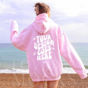 Light Pink Gildan 18500 Hoodie Mockup, Back of Hoodie Mockup, Beach Mockup, Trendy Model Mockup, Summer Mockup, Oversized Hoodie Mockup