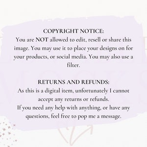 Peut inclure: Une bo&icirc;te de texte violette et blanche avec le texte "COPYRIGHT NOTICE:" et "RETURNS AND REFUNDS:"  Vous n'&ecirc;tes PAS autoris&eacute; &agrave; modifier, revendre ou partager cette image. Vous pouvez l'utiliser pour placer vos designs sur vos produits ou sur les r&eacute;seaux sociaux. Vous pouvez &eacute;galement utiliser un filtre. Comme il s'agit d'un article num&eacute;rique, je ne peux malheureusement pas accepter de retour ou de remboursement. Si vous avez besoin d'aide pour quoi que ce soit ou si vous avez des questions, n'h&eacute;sitez pas &agrave; me contacter.