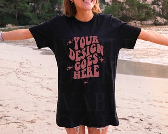 Black Bella Canvas 3001 Mockup, Beach Oversized Shirt Mockup (Digital Download)
