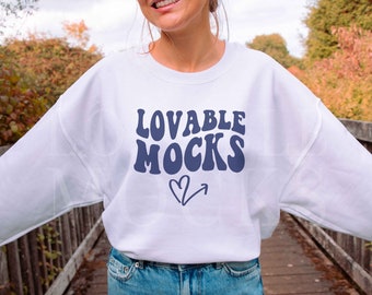 White Gildan 18000 Mockup, Fall Autumn Sweatshirt Mockup, White Sweatshirt Mockup, Oversized Mockup, Outdoor Model Mockup, Gildan Mock up