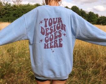 Light Blue Gildan 18000 Mockup, Back Of Sweatshirt Mockup, Oversized Gildan 18000 Model Mockup, Outdoors Gildan 18000 Mockup, Lifestyle Mock