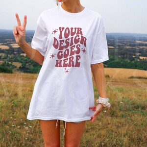 Gildan 64000 Mockup, White Gildan 64000 Mockup, White shirt Mockup, Trendy White Tshirt Mockup, Outdoors Model Mockup, Countryside Mockup