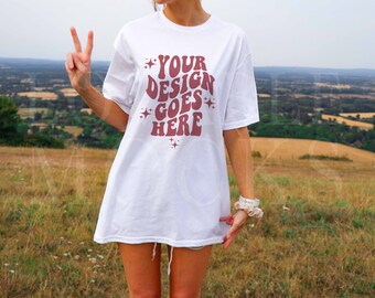 Gildan 64000 Mockup, White Gildan 64000 Mockup, White shirt Mockup, Trendy White T Shirt Mockup, Outdoor Model Mockup, Countryside Mockup