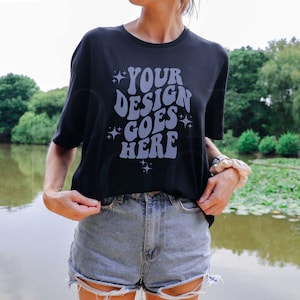 Gildan 64000 Mockup, Black Gildan 64000 Mockup, Gildan 64000 Mockup Model,  Black Tshirt Mockup, Outdoors Model Mockup, Lake T-shirt Mockup