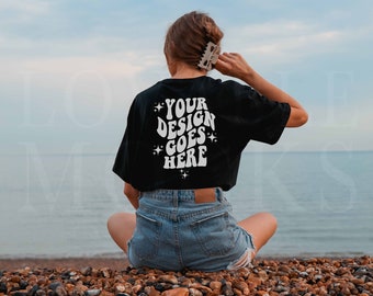 Black Gildan 64000 T-shirt Mockup: Back View, Beach Model (Digital Download)
