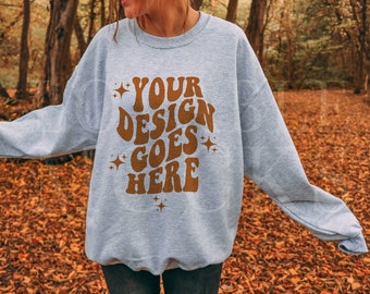 Ash Gildan 18000 Mockup, Fall Autumn Sweatshirt Mockup, Ash Sweatshirt Mockup, Halloween Mockup, Outdoor Model Mockup, Gildan Mock up