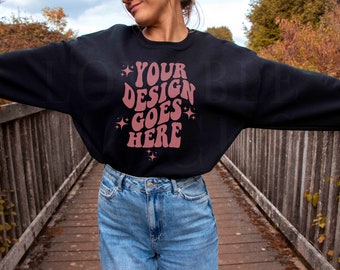 Black Gildan 18000 Mockup, Fall Autumn Sweatshirt Mockup, Black Sweatshirt Mockup, Oversized Mockup, Outdoor Model Mockup, Gildan Mock up