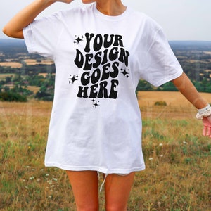 Gildan 64000 Mockup, White Gildan 64000 Mockup, White shirt Mockup, Trendy White Tshirt Mockup, Outdoors Model Mockup, Countryside Mockup