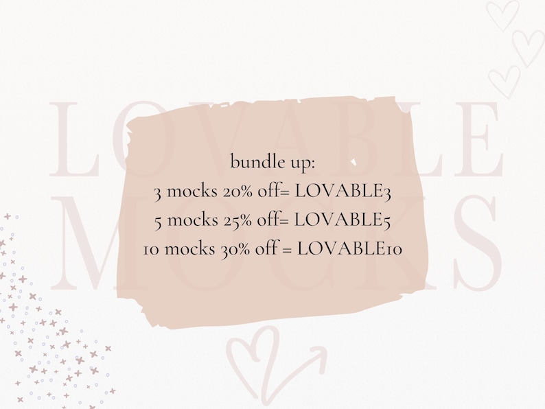 Op de afbeelding: Een roze en witte afbeelding met de tekst "bundle up:" en een lijst met mock-up bundels met kortingen. De tekst luidt "3 mocks 20% korting = LOVABLE3", "5 mocks 25% korting = LOVABLE5" en "10 mocks 30% korting = LOVABLE10".
