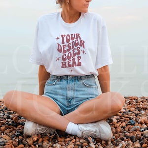 Gildan 64000 Mockup, White Gildan 64000 Mockup, White shirt Mockup, Mockup Model, White Tshirt Mockup, Outdoors Model Mockup, Beach Mockup